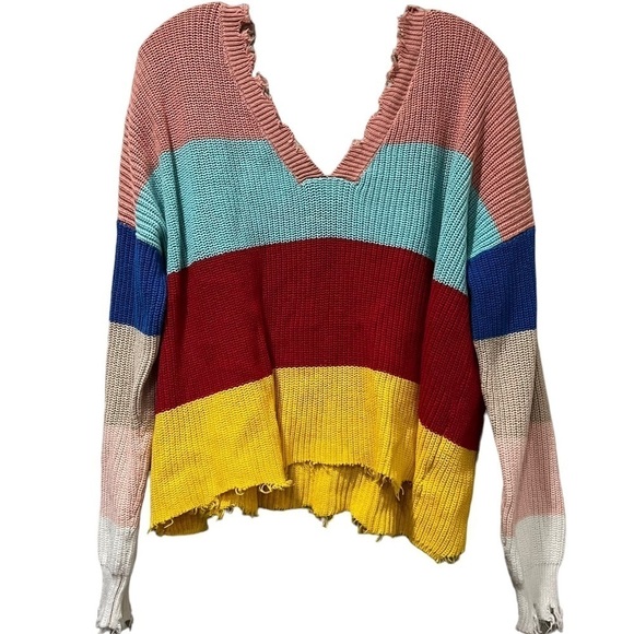Sandoval Medium Color Block Stripe Raw Hem Long Sleeve V Neck Sweater Top R1 - Picture 2 of 5
